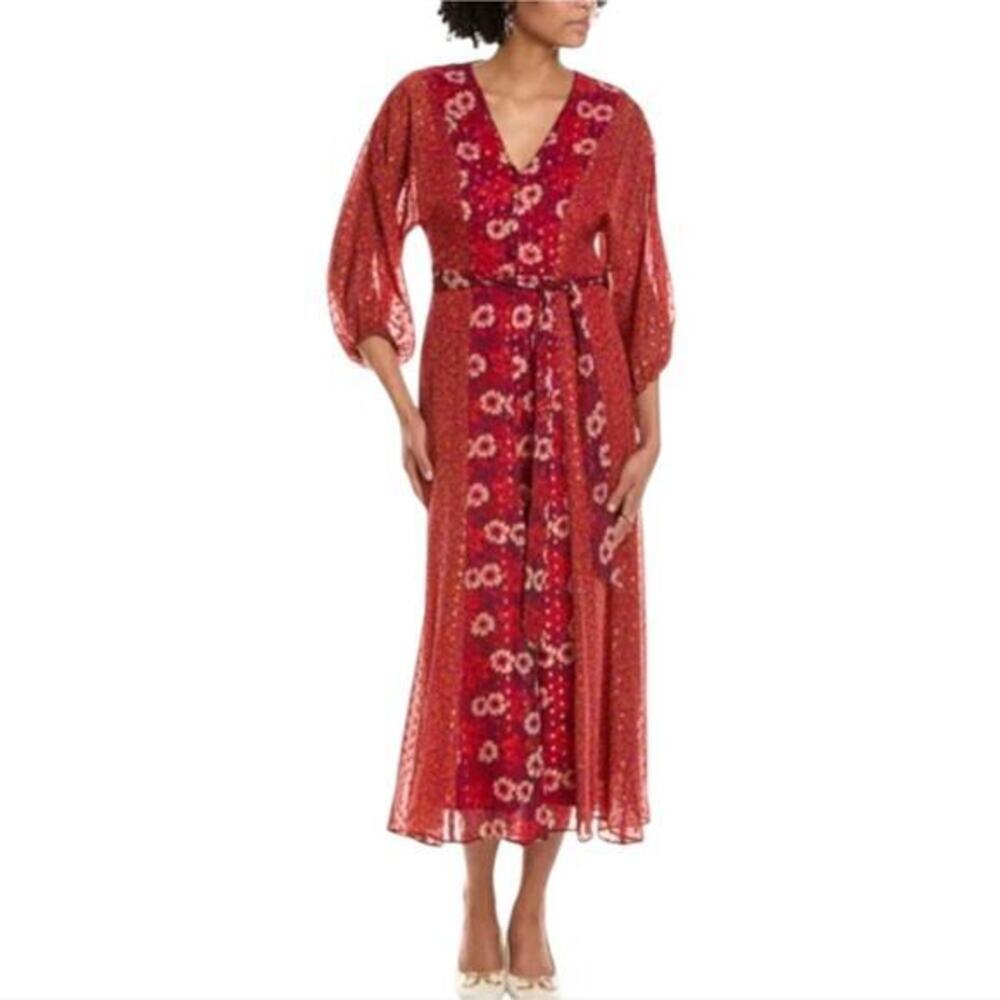 TAYLOR Red and Purple Floral Peasant Belted Waist Dress 6 V Neck Long Sleeve Red